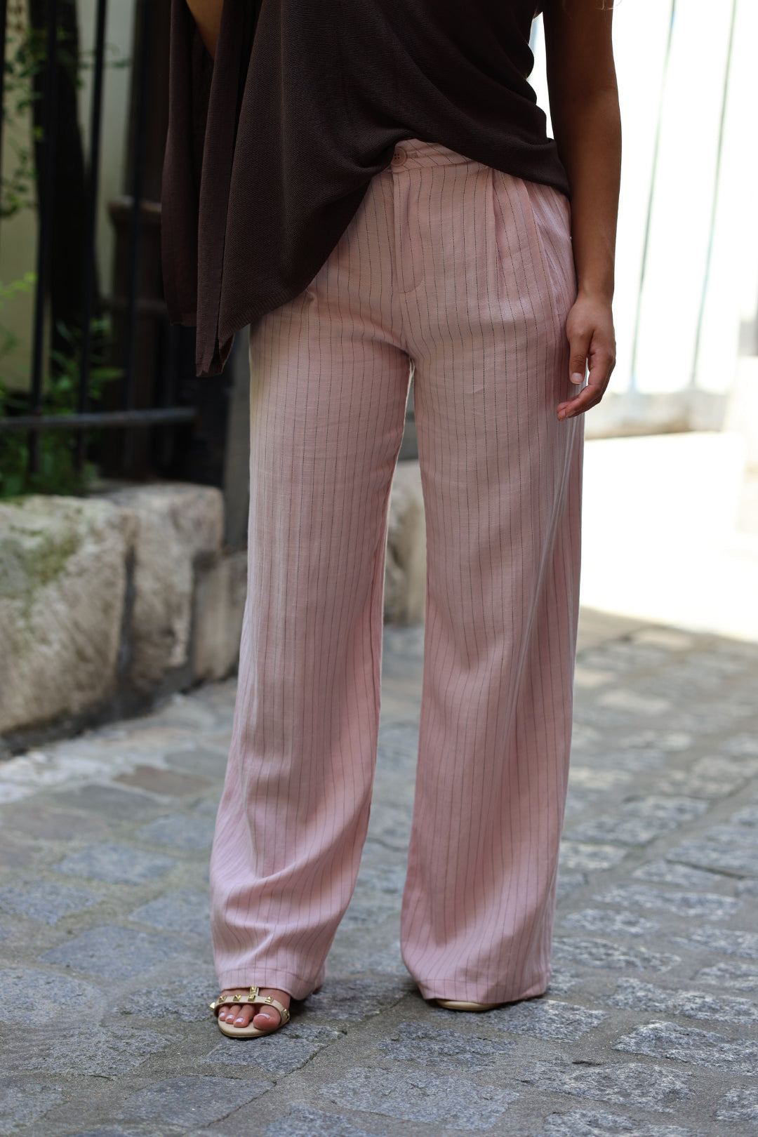 pantalon de tailleur rayé rose