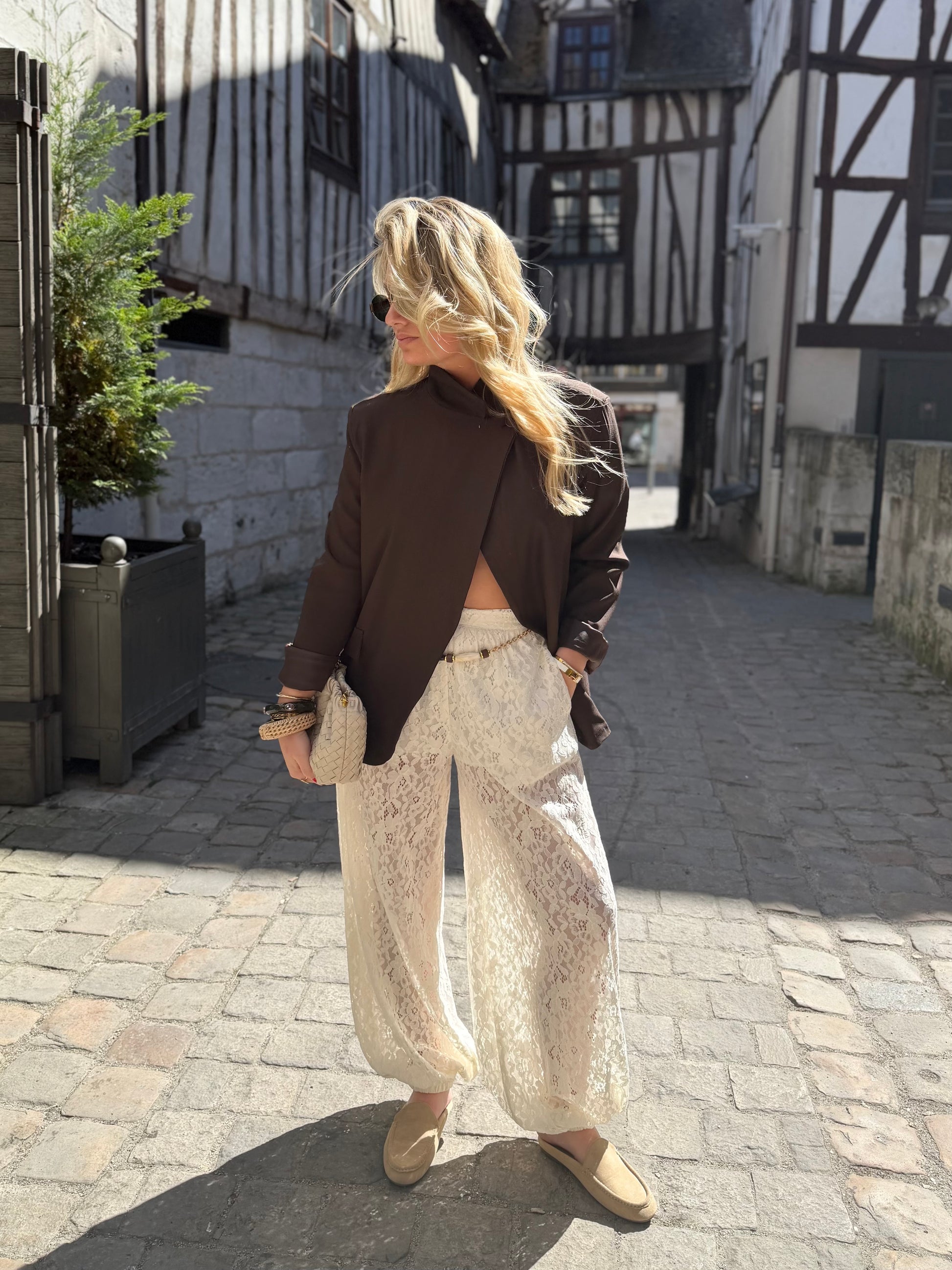 Pantalon ballon à dentelle beige