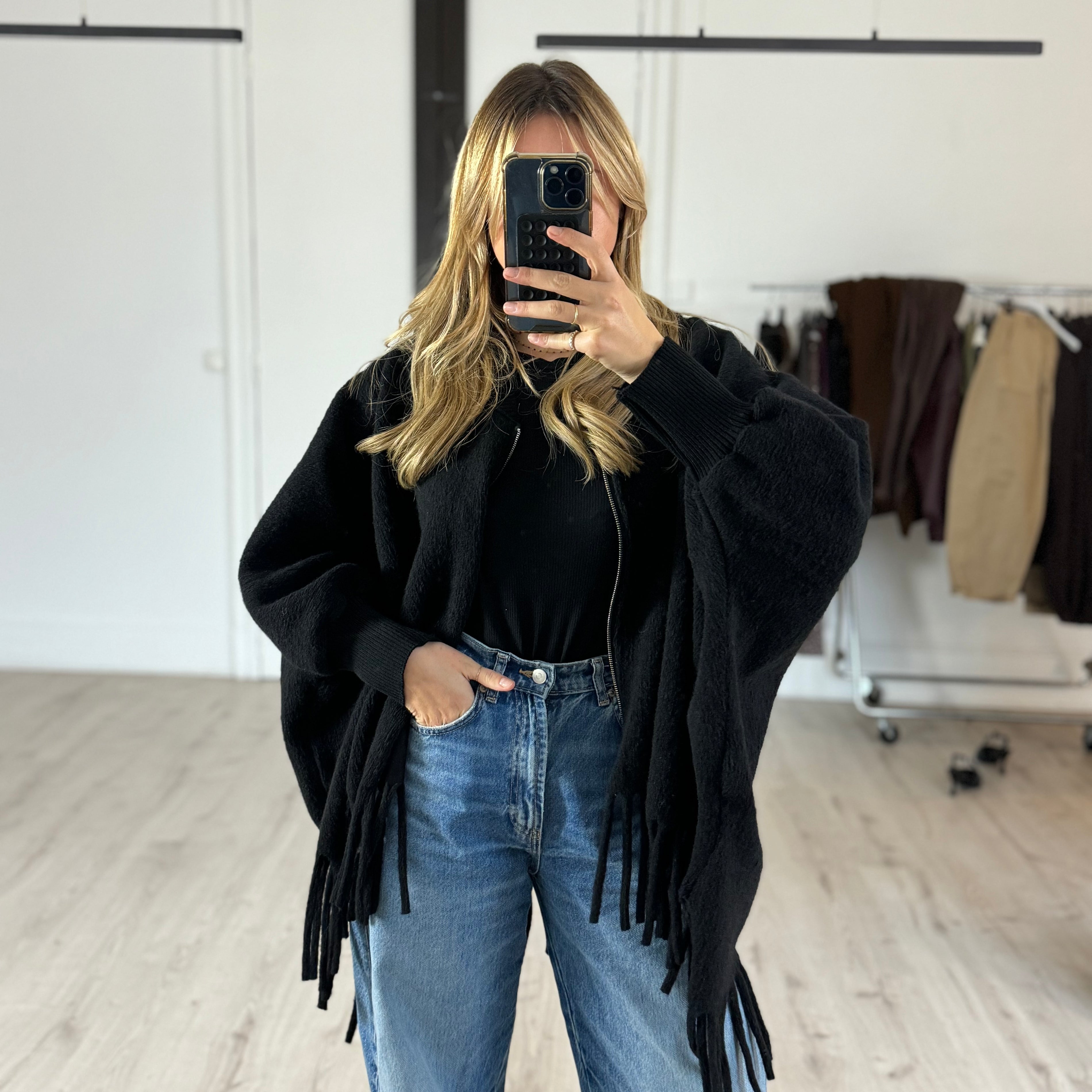 Veste / poncho à frange noir