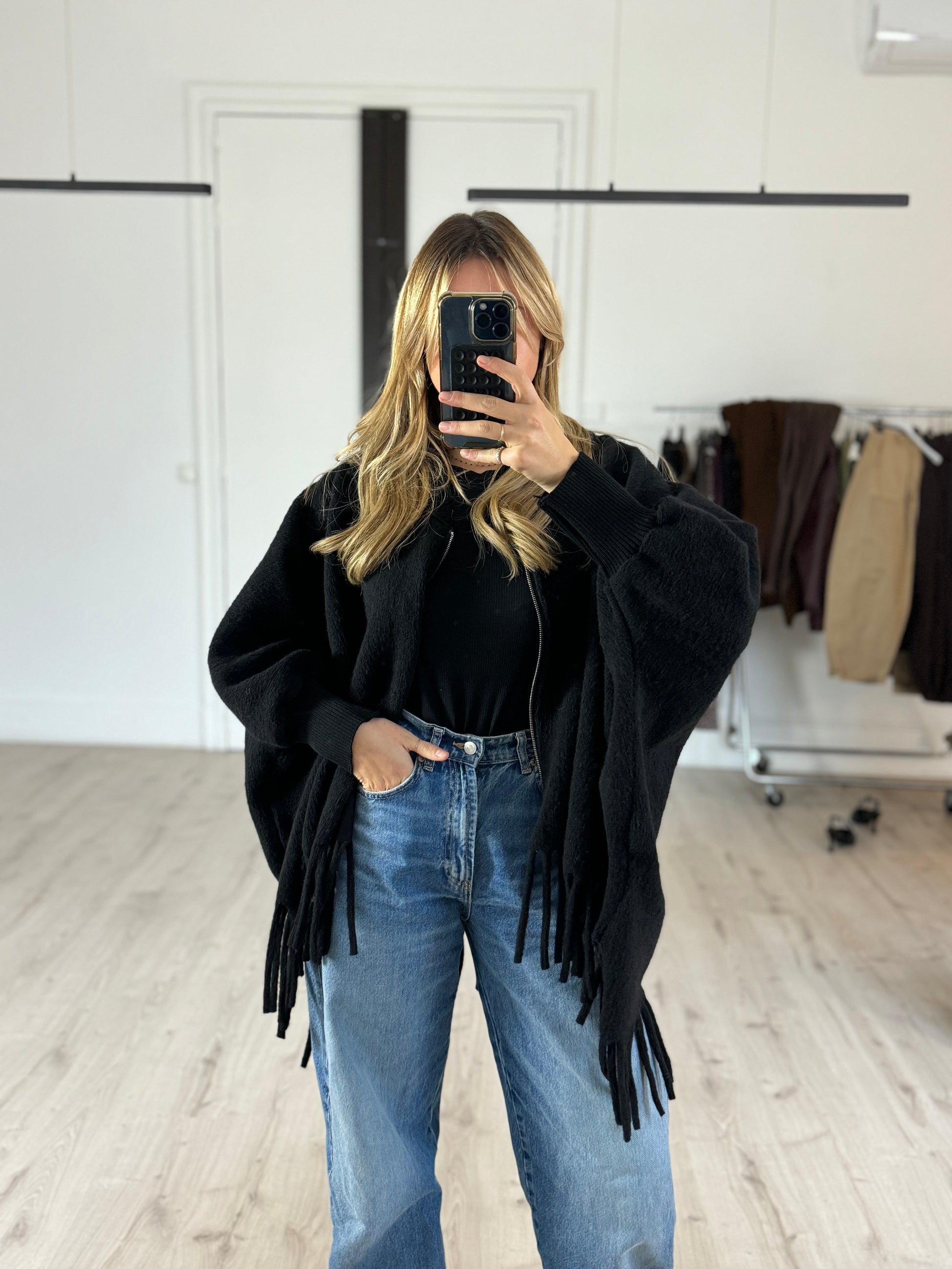 Veste / poncho à frange noir