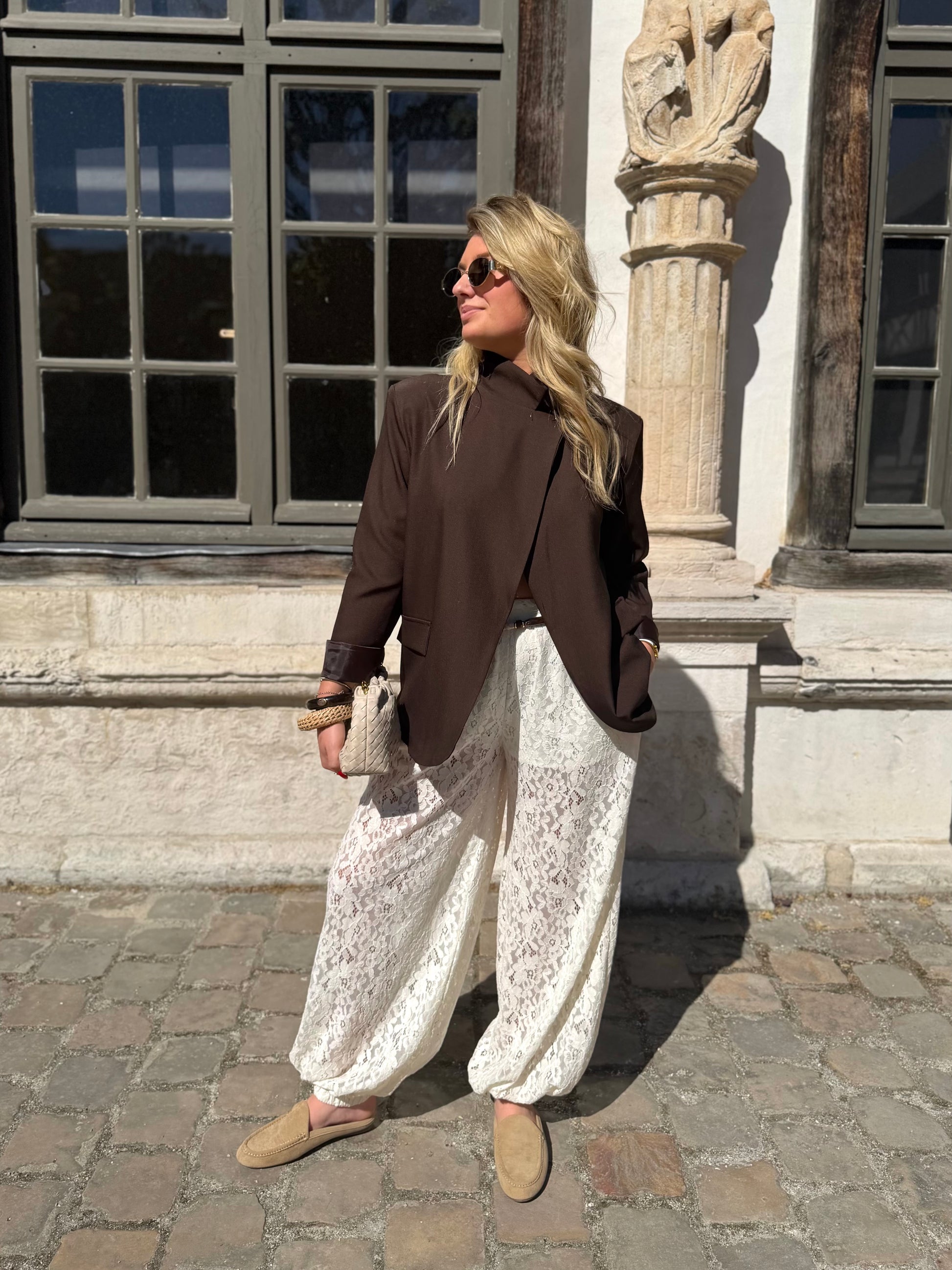 Pantalon ballon à dentelle beige