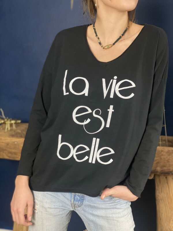 Tshirt manches longues "La vie est belle" noir - Jade & Lisa